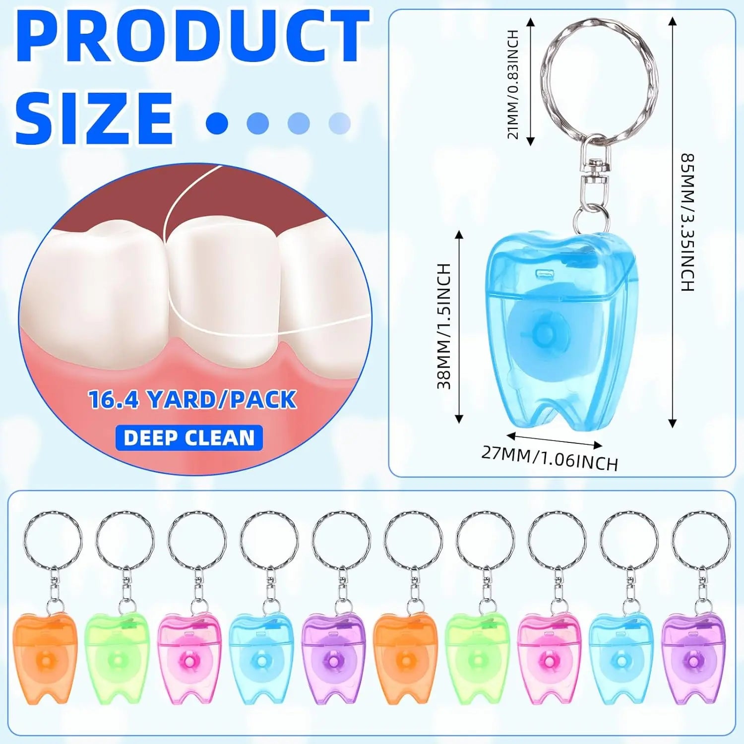 50 Pcs Mini Dental Floss Keychain Bulk, Portable Tooth Shaped for Travel Oral Care Gifts, Multicolor