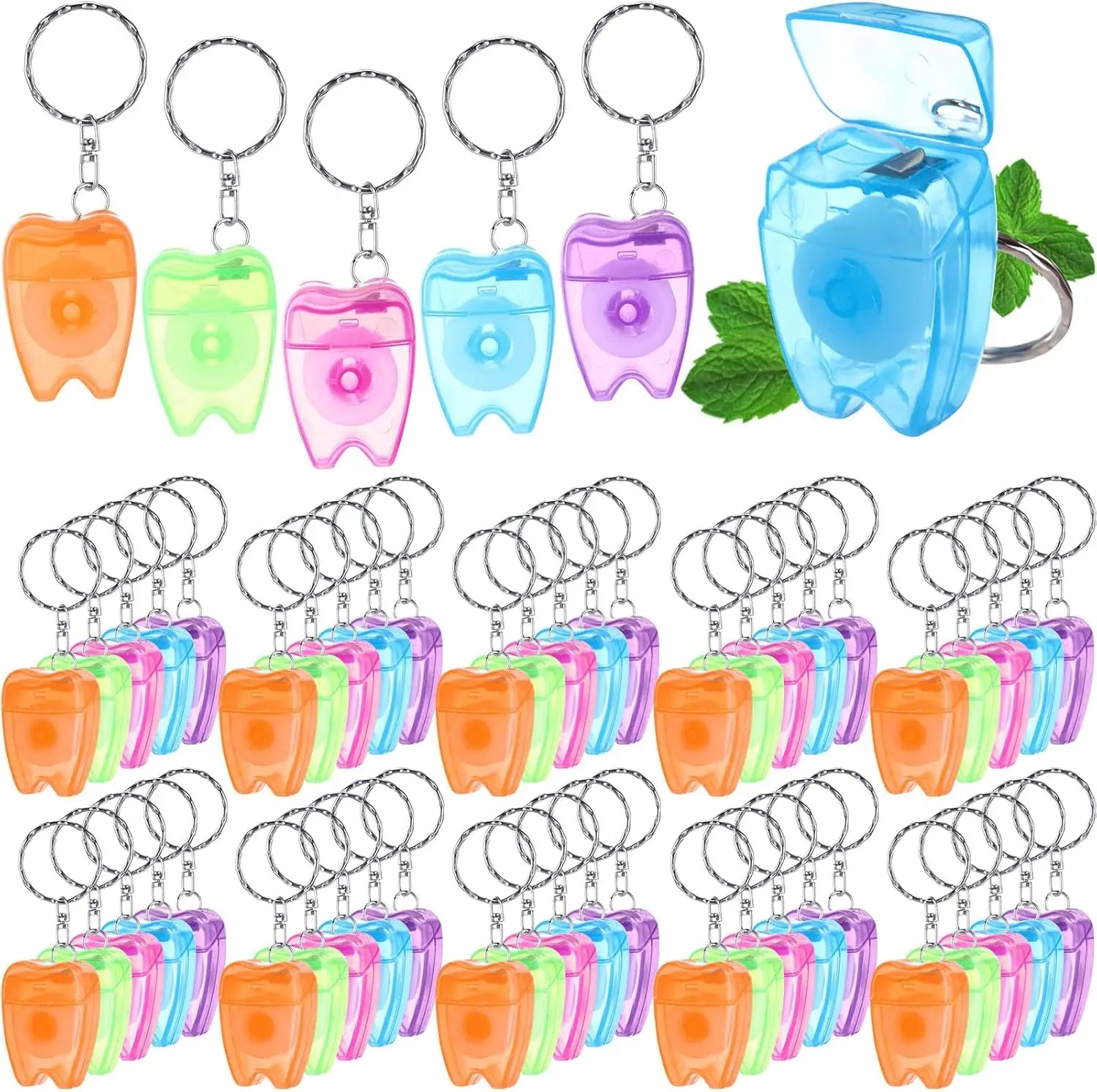 50 Pcs Mini Dental Floss Keychain Bulk, Portable Tooth Shaped for Travel Oral Care Gifts, Multicolor