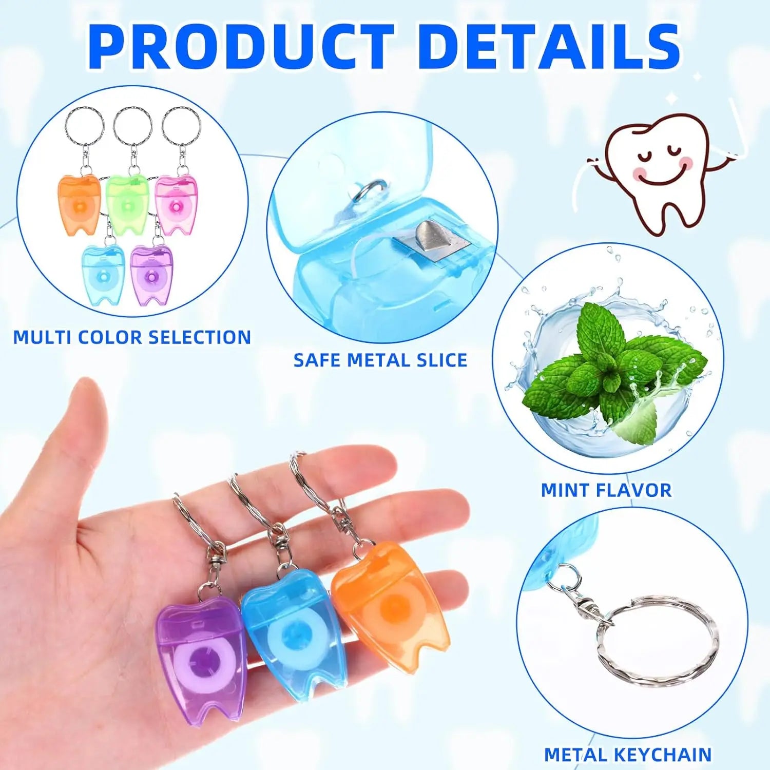 50 Pcs Mini Dental Floss Keychain Bulk, Portable Tooth Shaped for Travel Oral Care Gifts, Multicolor