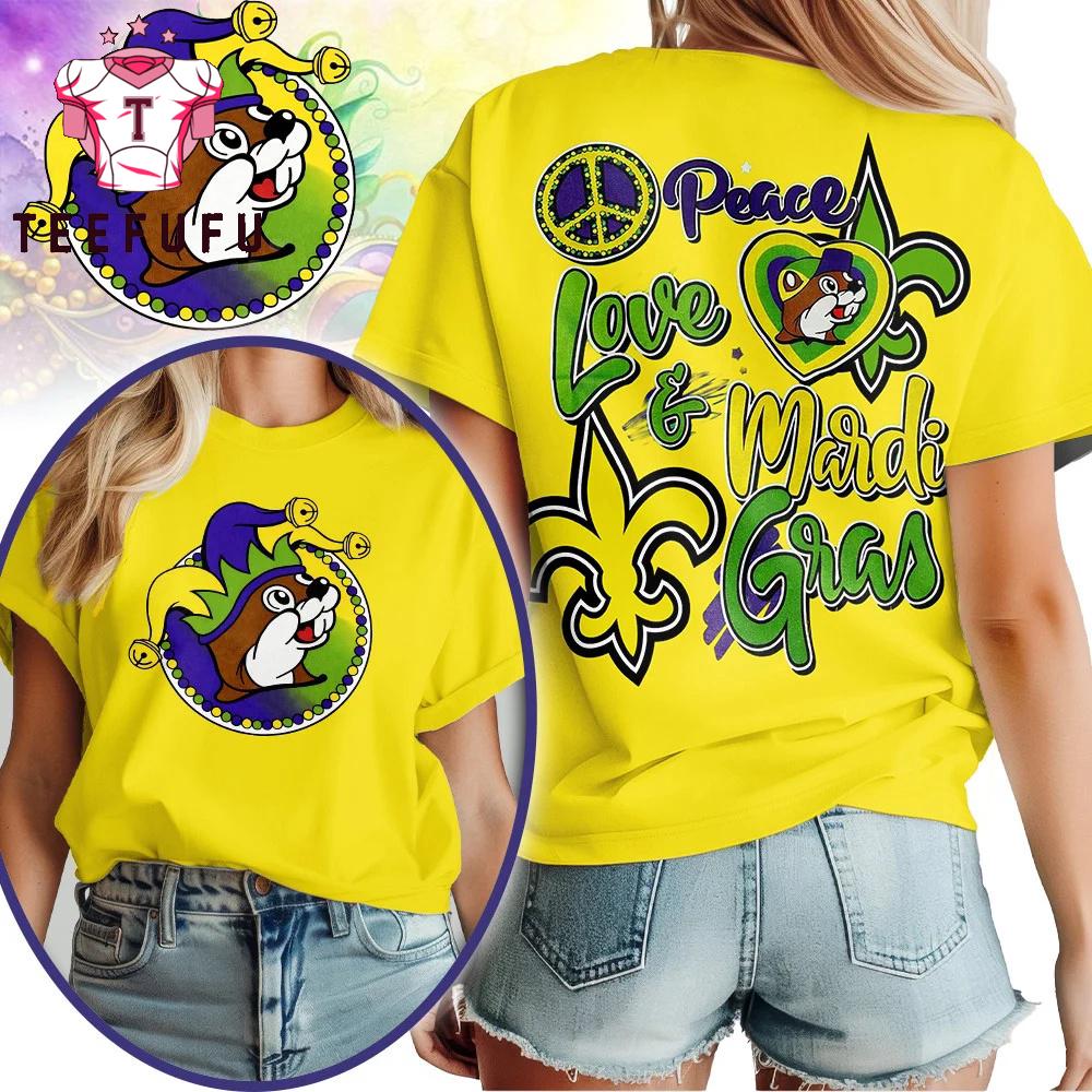 Buc-ee’s 2026 Peace Love And Mardi Gras Yellow T Shirt