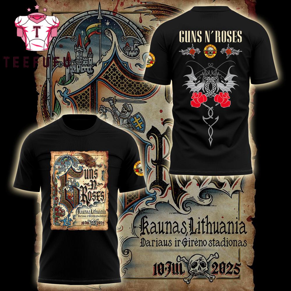 Guns N' Roses In Kaunas Lithuania July 2025 Dariaus Ir Gireno Stadionas Black 3D Shirt