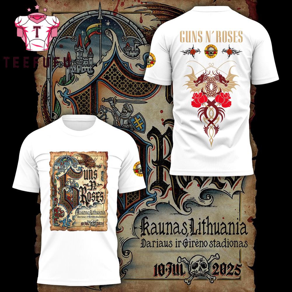 Guns N' Roses In Kaunas Lithuania July 2025 Dariaus Ir Gireno Stadionas White 3D Shirt