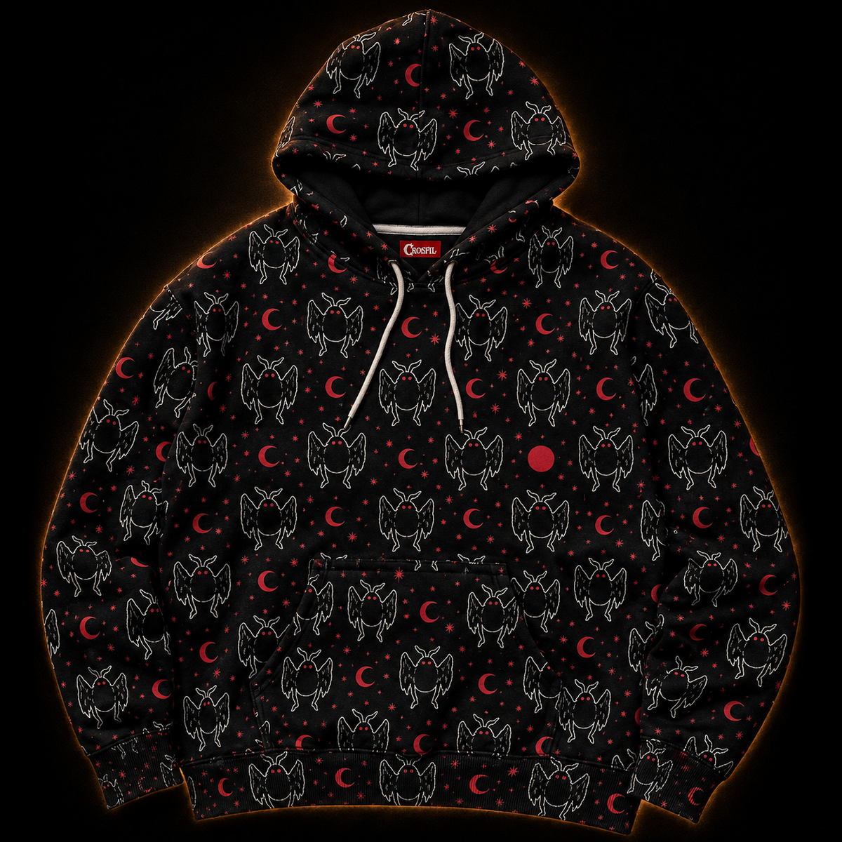 Crosfil Little Omens Hoodie — Mothman & Red Moon All-Over Print